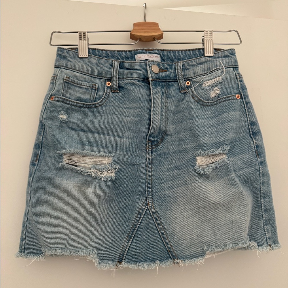 Tinseltown Light Blue Distressed Mini Skirt